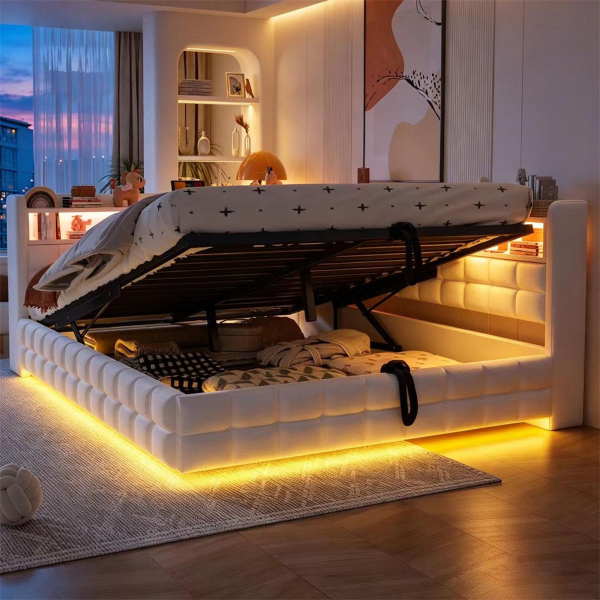 POLSTERBETT 140x200 cm mit hydraulischem Stauraum und Regal - LED Beleuchtung - USB & Typ-C - Beige - ohne Matratze - Beige, Textil (140/200cm) - DELFA