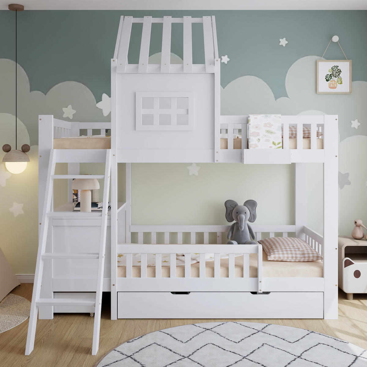 ETAGENBETT 90/200 cm Weiß mit Schubladen, Dach und Lesetisch aus Kiefer und MDF - Weiß, Holzwerkstoff (90/200cm) - OKWISH