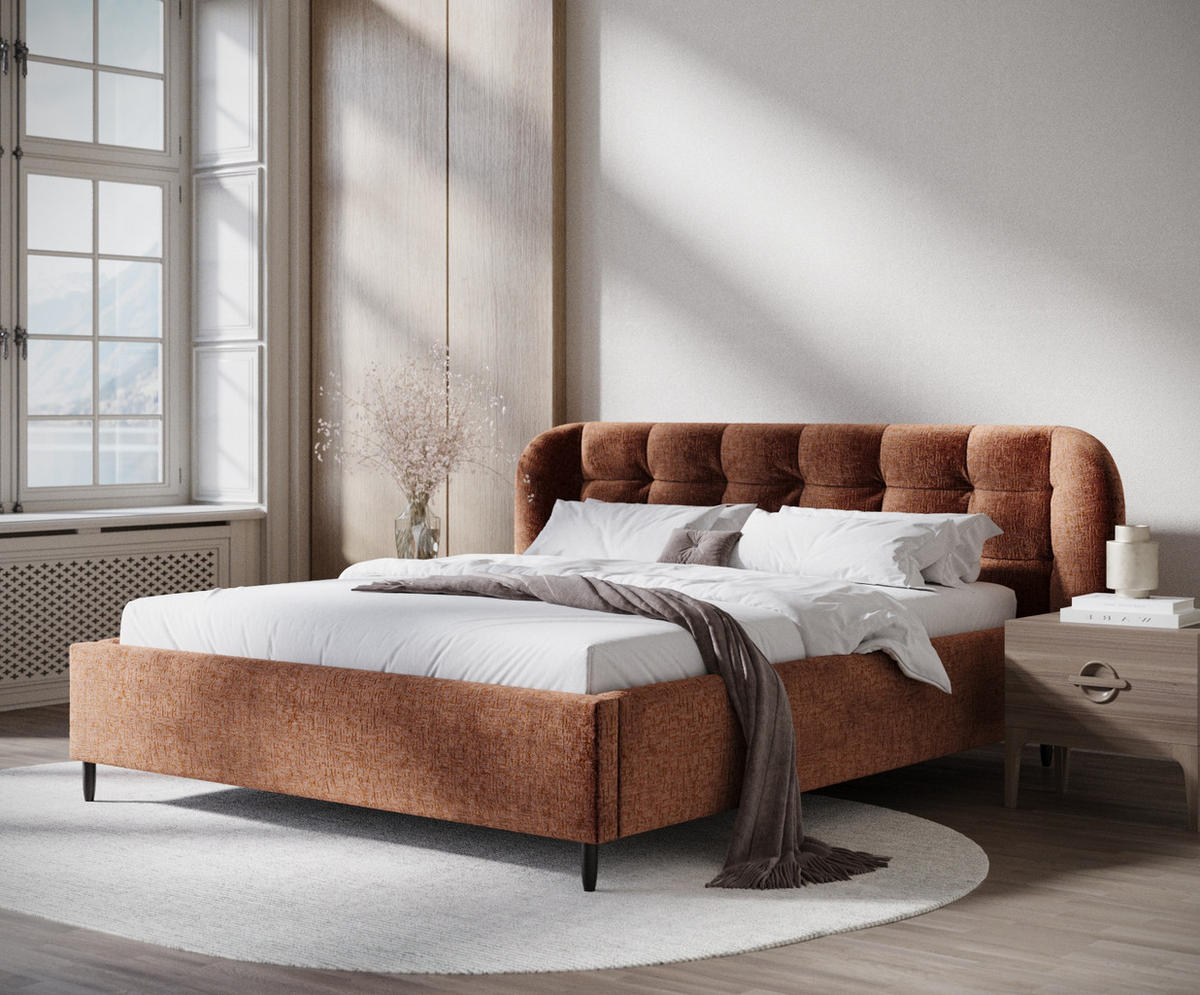 POLSTERBETT Nuno Dunkelorange 120/200 cm im Chenille-Stoff - Dunkelorange/Schwarz, Holz/Holzwerkstoff (120/200cm) - Maison de Reve