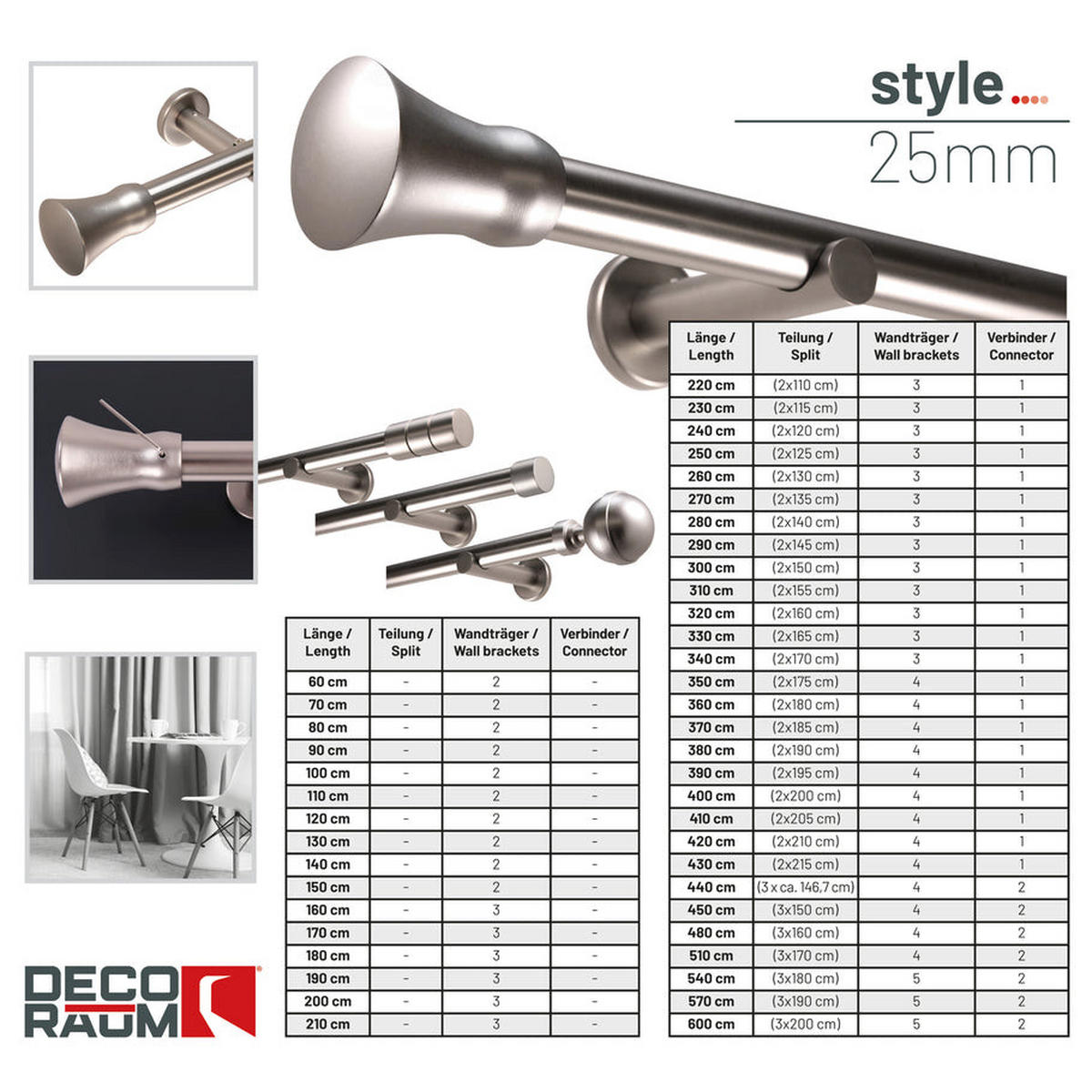 GARDINENSTANGE 1-Lauf Kegel - Silberfarben, Metall (320cm) - Deco-Raum