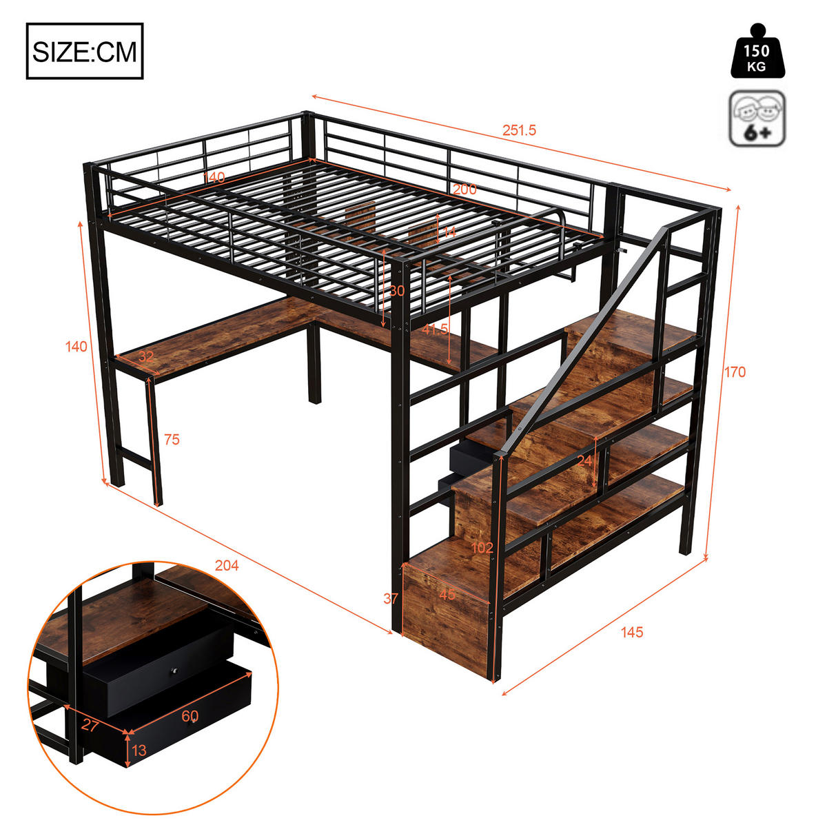 HOCHBETT 140/200 cm mit Eisenrahmen Schwarz, Schreibtisch, Stauraumtreppe und LED-Licht - Schwarz, Metall
