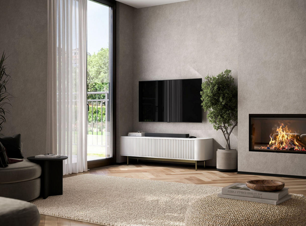 TV stolek Aurora bílý matný 140 cm se zlatým kovovým rámem - bílá/zlatá, kov/kompozitní dřevo (140/44/35cm) - Meble Lindner
