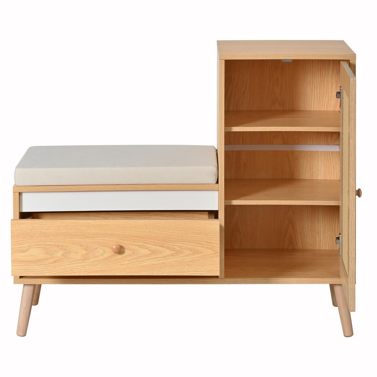 SCHUHSCHRANK in Holz-Optik – Schuhschrank mit Rattan-Tür & Sitzkissen - Naturfarben, Holzwerkstoff (95.5/80.5/35cm) - Urban Meuble