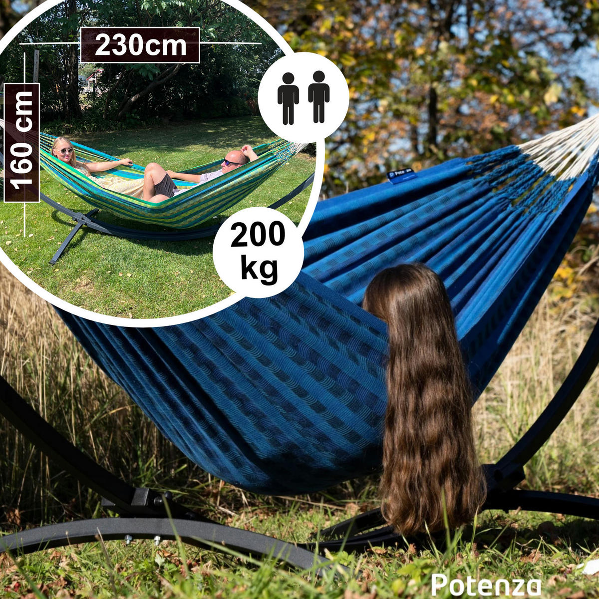 HÄNGEMATTE mit Gestell, 2 Personen, XXL, 200 kg, Metall, Morena Blau, einfache Montage - Blau, Metall (370/130/120cm) - Potenza