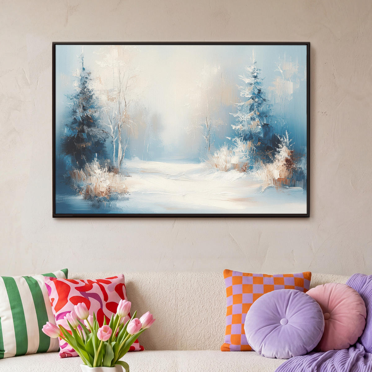 LEINWAND Bilder mit Rahmen - Wald – Winter – Natur – Abstrakt – Schnee - 90x60 - Weiß, Textil (90/60cm) - MuchoWow