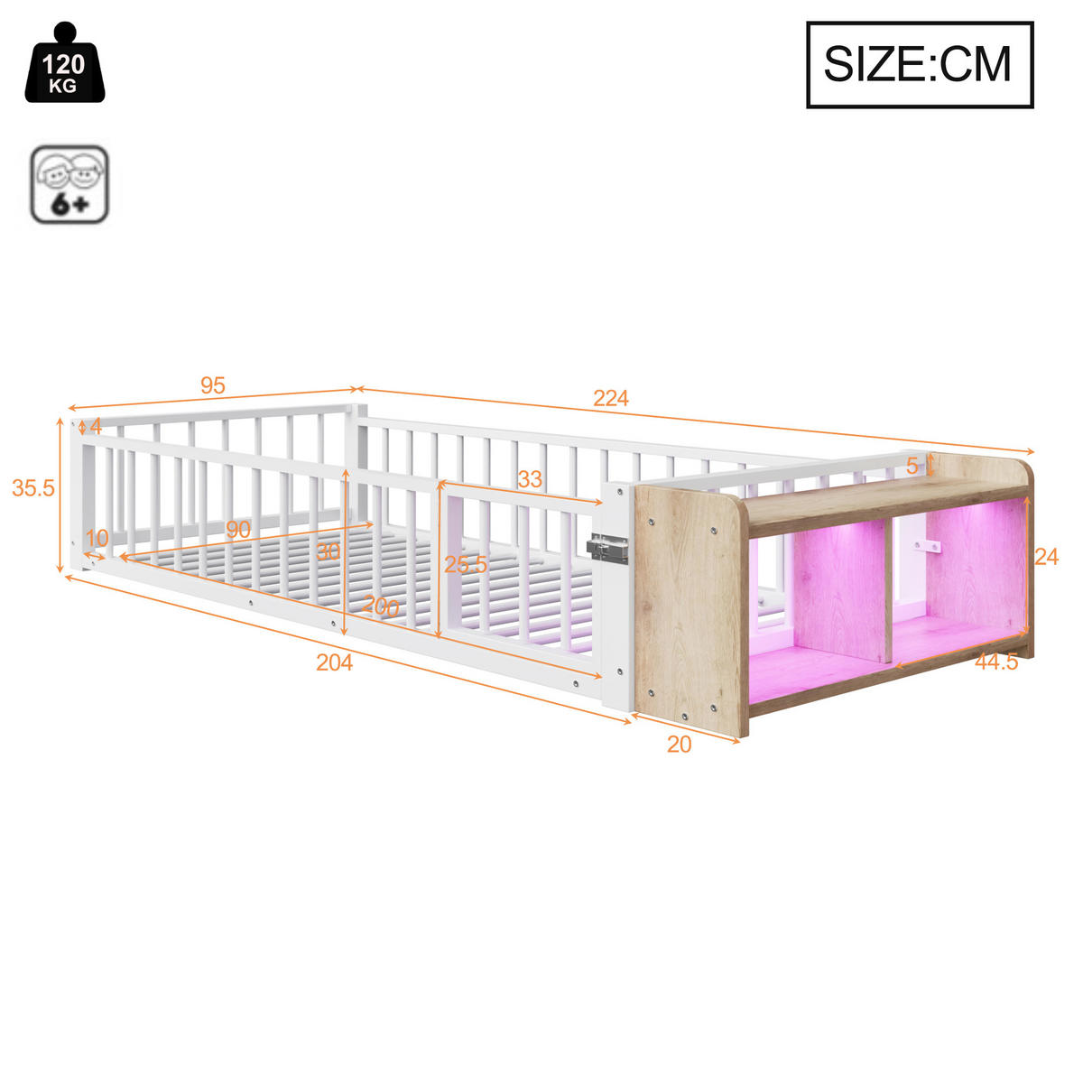 METALLBETT 90x200 cm LED Schubladen weiß - Weiß, Holzwerkstoff (90/200cm) - LEBENLANG