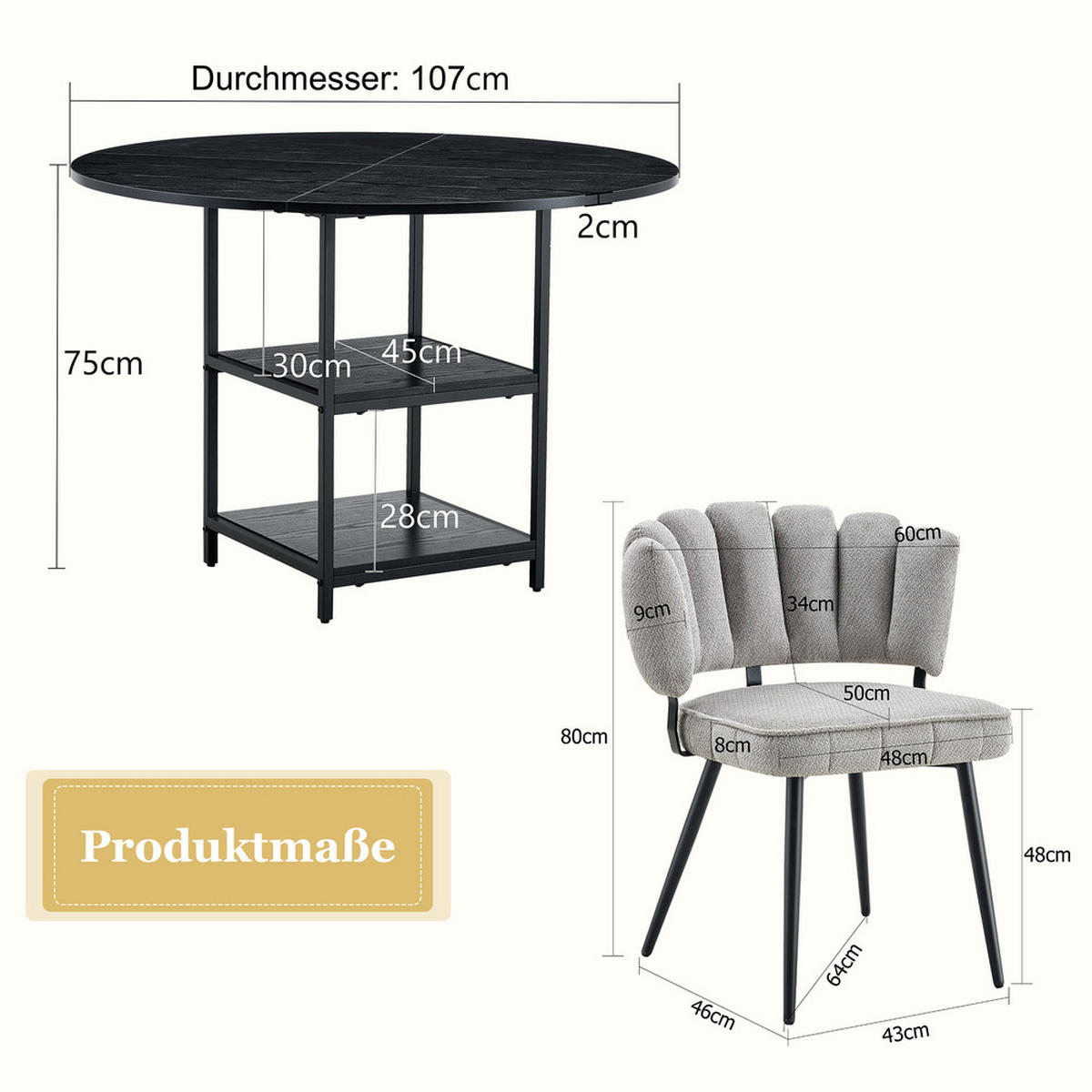 TISCHGRUPPE 3-tlg Runder Esstisch 107 cm mit Stauraum & 2 Stühle Grau - Grau, Holzwerkstoff/Metall (68/25/83.5cm) - Raelunyi