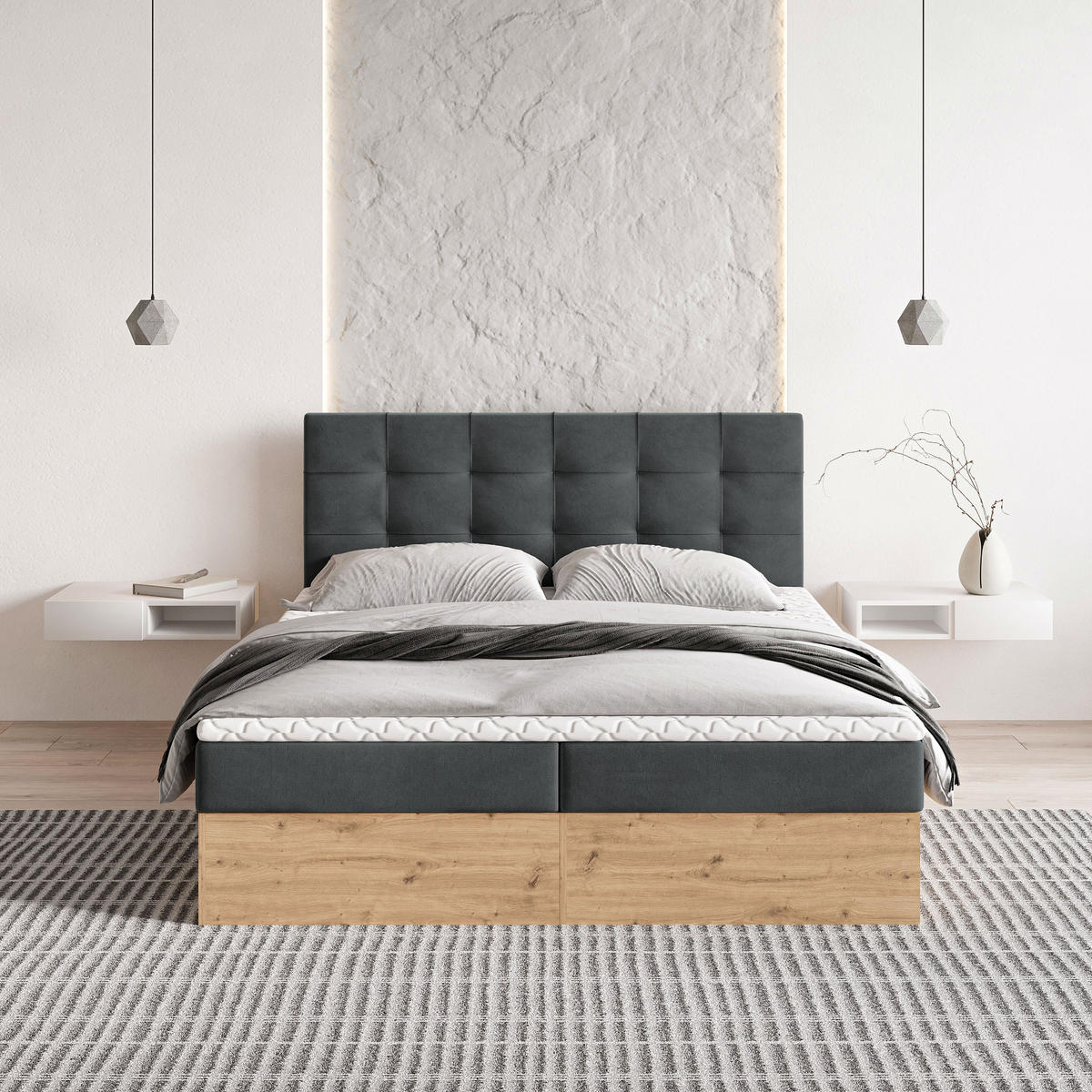 BOXBETT MOLVEN 140x200 cm mit Matratze und Topper - Graphitfarben - Graphitfarben, Holz (140/200cm) - MASSENO