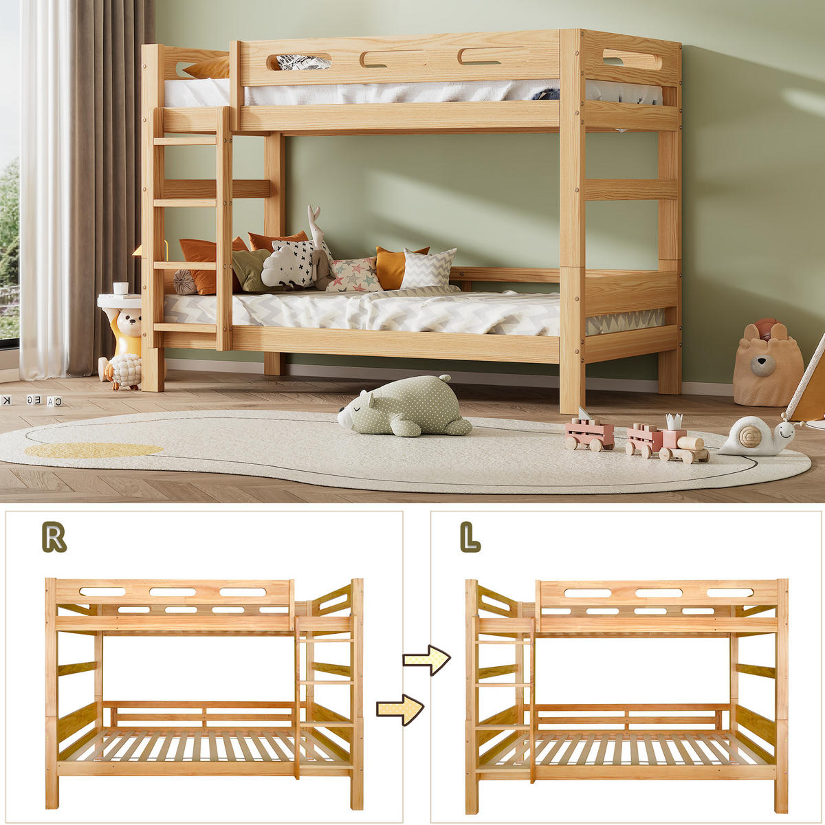 ETAGENBETT aus Kiefernholz 90x200 cm Natur, teilbar in 2 Einzelbetten - Naturfarben, Holz (90/200cm) - IVMEU