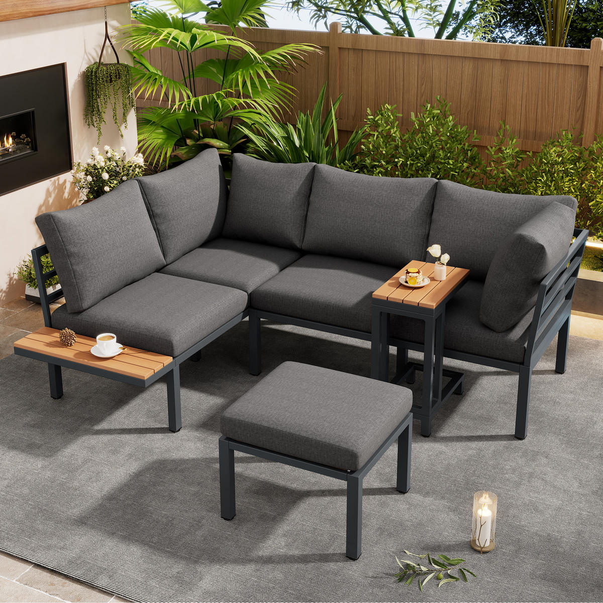 GARTENMÖBEL Set mit Sofa Beistelltisch Couchtisch als Fußhocker nutzbar aus Stahlrohr Kunststoffholz für Balkon Grau - Grau, Metall - FLIEKS