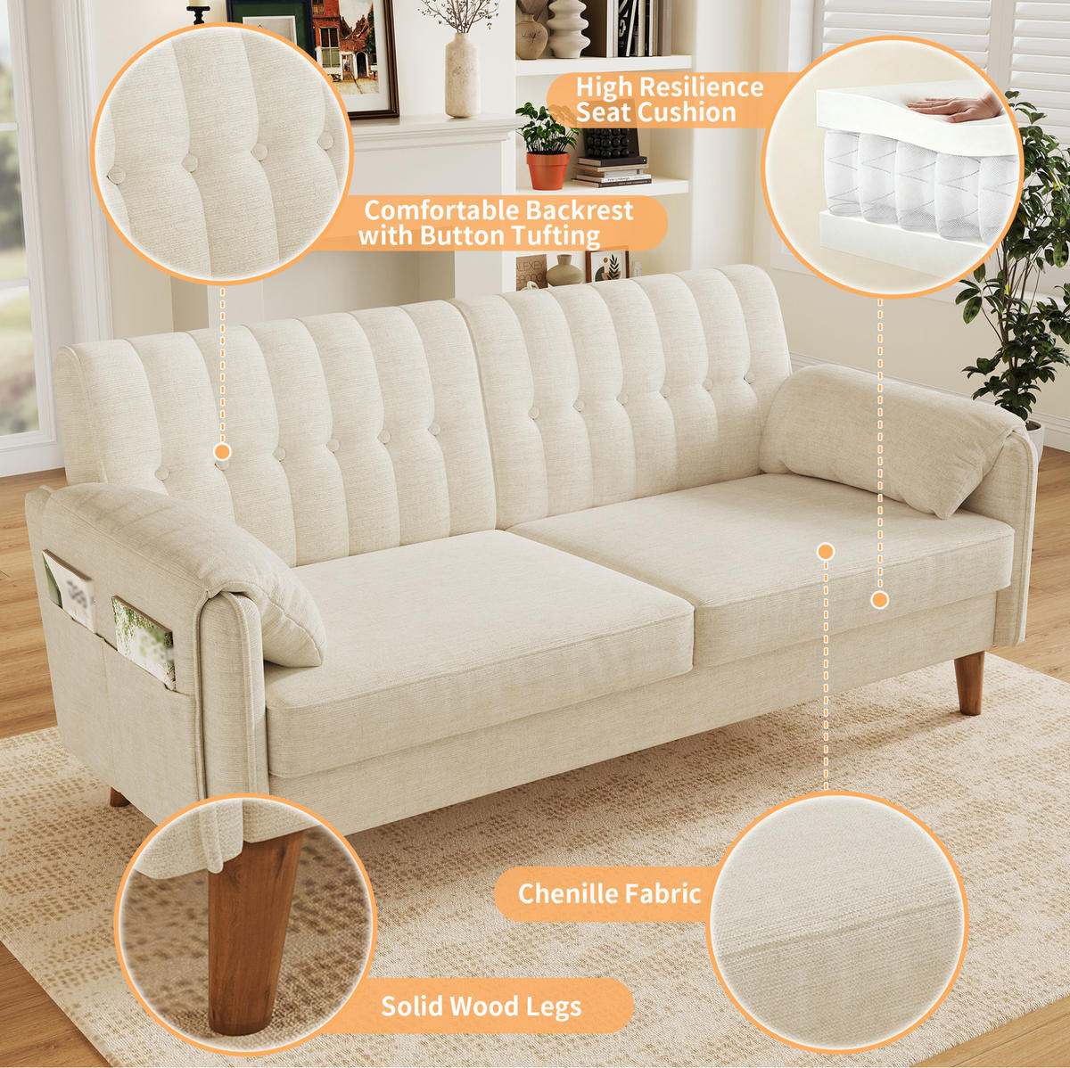 SOFA 161,5/79/83,5 cm in Beige aus Chenille mit Armlehnenkissen - Beige, Textil (79/83.5/161.5cm) - Flora Grace