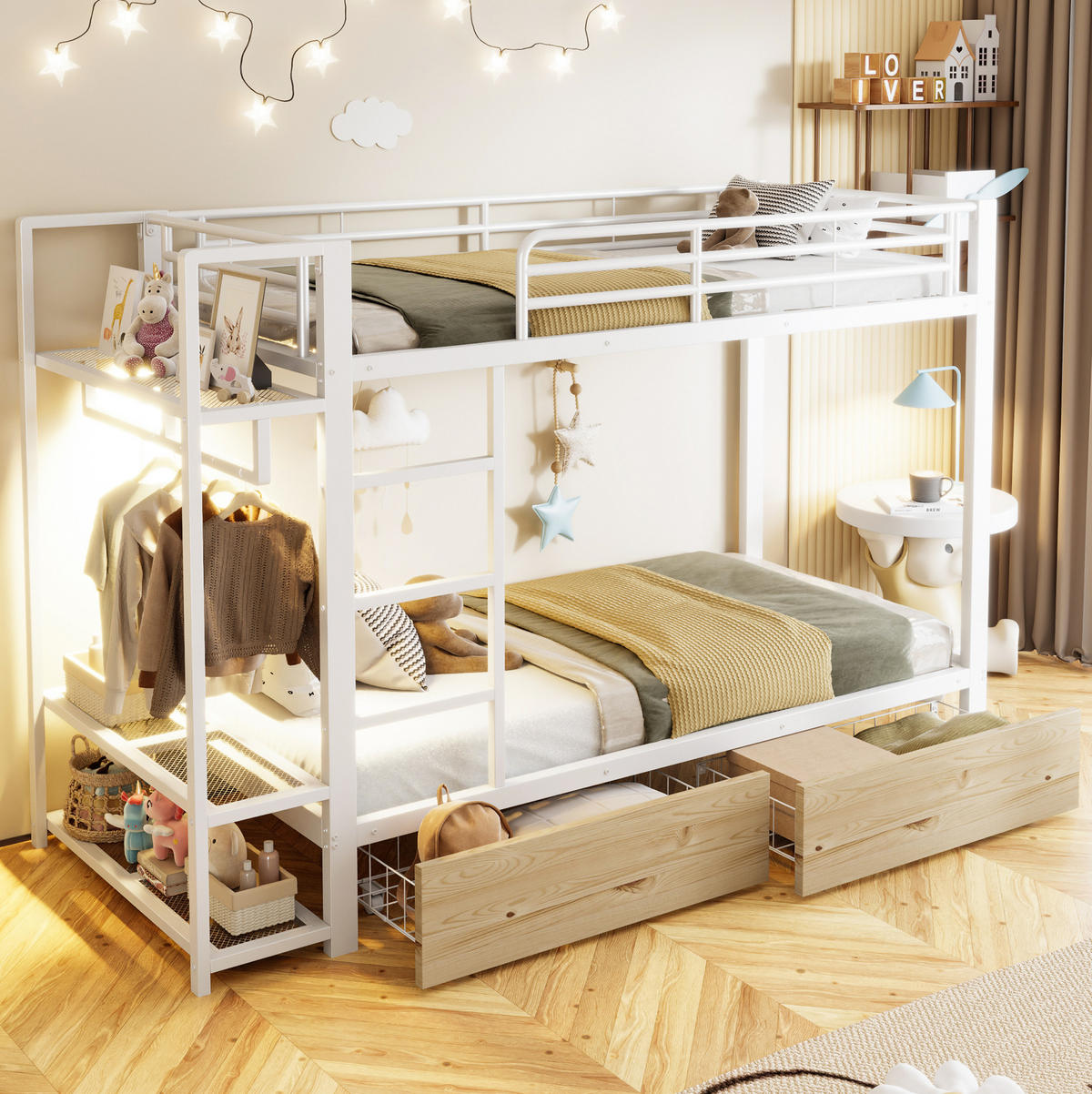 ETAGENBETT 90/200 cm Weiß mit LED-Beleuchtung und Stauraum - Weiß, Metall (90/200cm) - Flora Grace