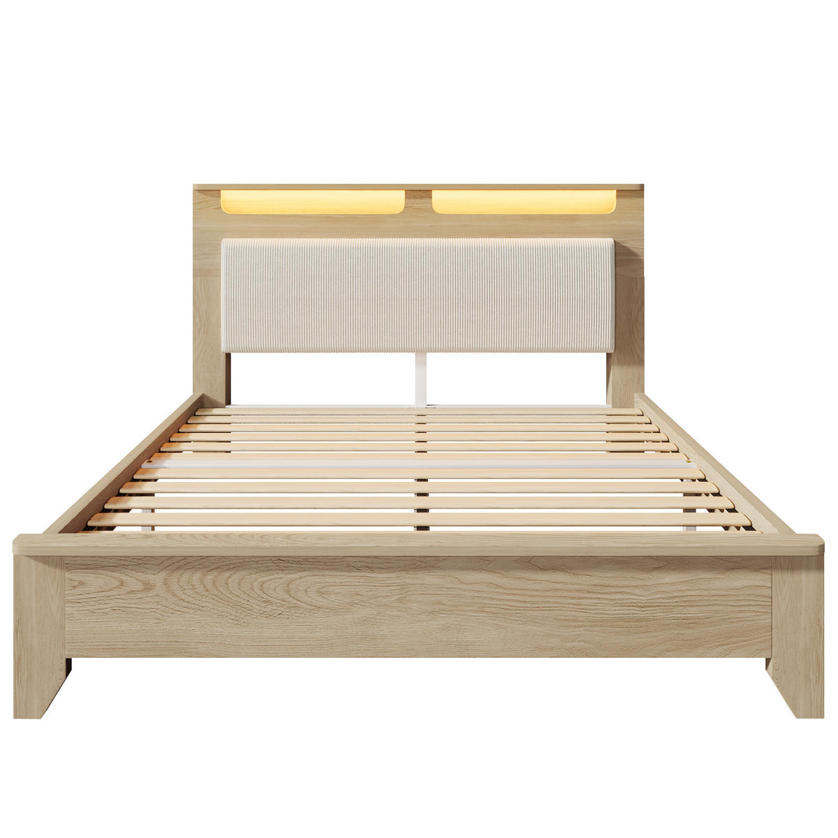 DOPPELBETT 140/200 cm mit LED-Kopfteil, Stauraum und Cord-Rückenlehne, Eichefarben/Beige - Beige, Textil (140/200cm) - Redom