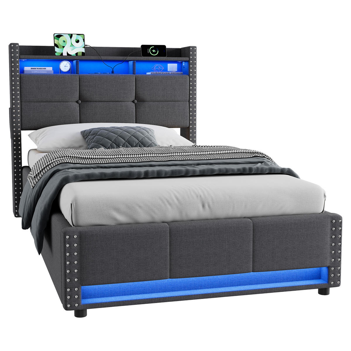 POLSTERBETT 90×200 mit Bettkasten, LED und USB, in Grau, Leinenbezug, ohne Matratze - Grau, Holzwerkstoff/Textil (90/200cm) - STILVORA