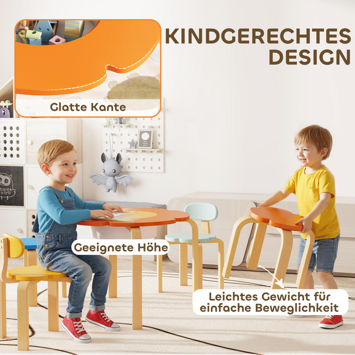 KINDERTISCH Holz mit 4 Stühlen, integriertem Stauraum, für 3-8 Jahre Kinder Bunt - Multicolor, Holz (69/45/69cm) - AIYAPLAY