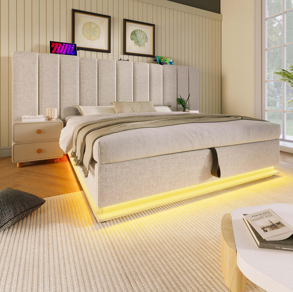 ČALOUNĚNÁ postel 180/200 cm béžová z lnu s LED osvětlením, USB-C a úložným prostorem - béžová, textil (180/200cm) - OKWISH