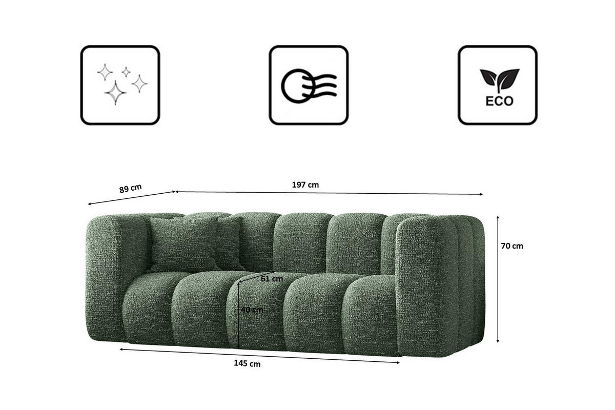 COUCH Sofa, Zweisitzer-Sofa Grand Modular Stoff Haga Grün - Grün, Holz (197/70/91cm) - Kaiser Möbel