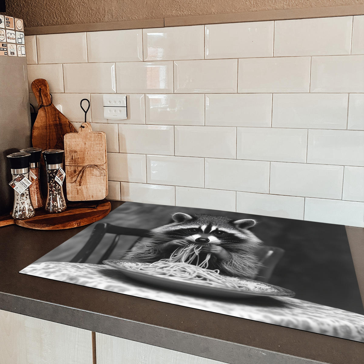 HERDABDECKPLATTE Waschbär - Niedlich - Pasta - Tischtuch - Schwarz - Weiß Induktionsmatte 77x51 cm - Grau, Kunststoff (77/51/0.2cm) - MuchoWow