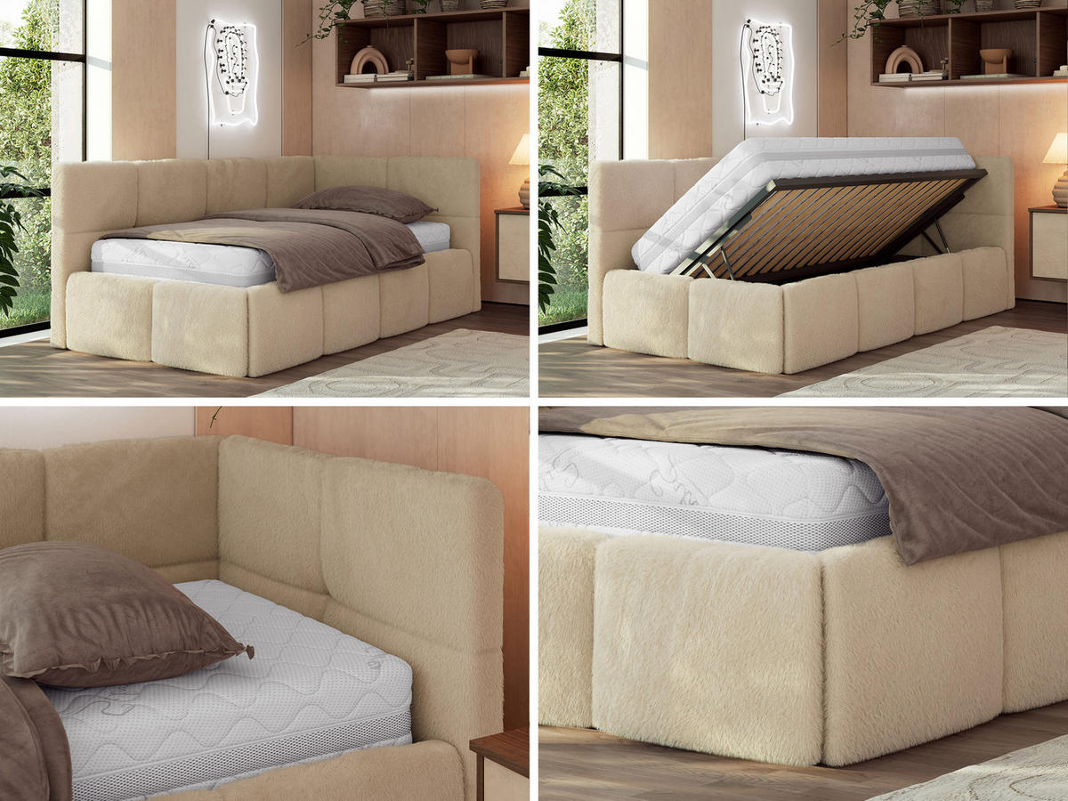 JUGENDBETT ARVO 90/200 - Beige Plüsch - Pocket-Matratze - Rechts Seite - Beige, Textil (90/200cm) - MKS