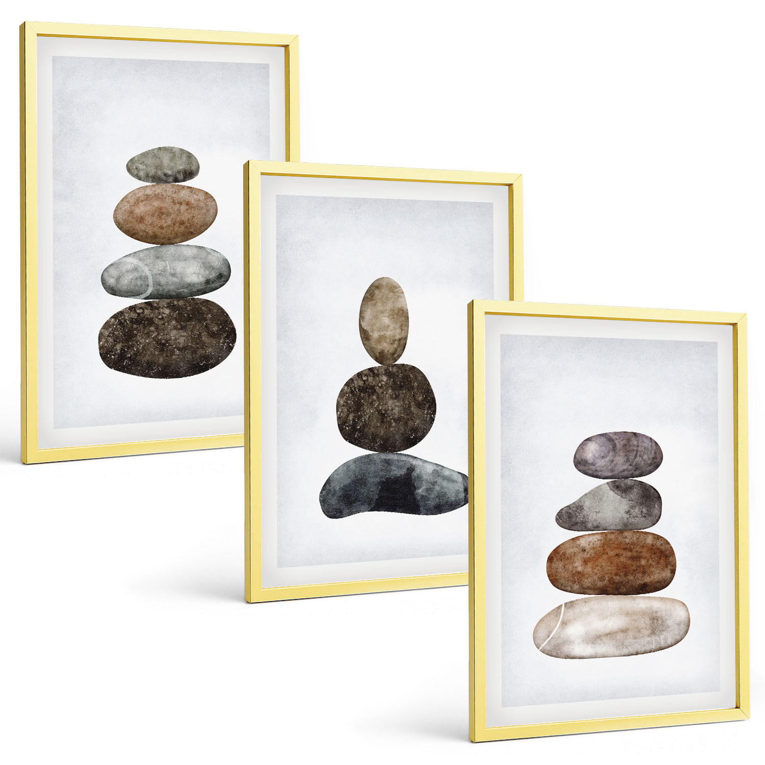 BILDER SET 3er Set - 40x60 cm Goldrahmen - Minimalistische Boho-Steine - Goldfarben, Kunststoff (40/60cm) - TULUP