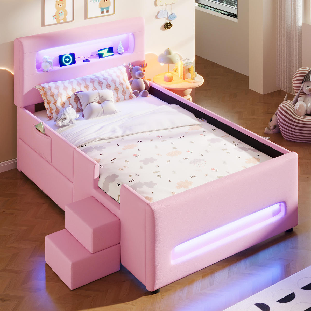 KINDERBETT 90/200 cm DE-03359, mit Treppe, Schubladen, LED-Lichtleisten und Aufbewahrungstaschen, in Rosa - Pink, Holzwerkstoff (90/200cm) - ComfortXL