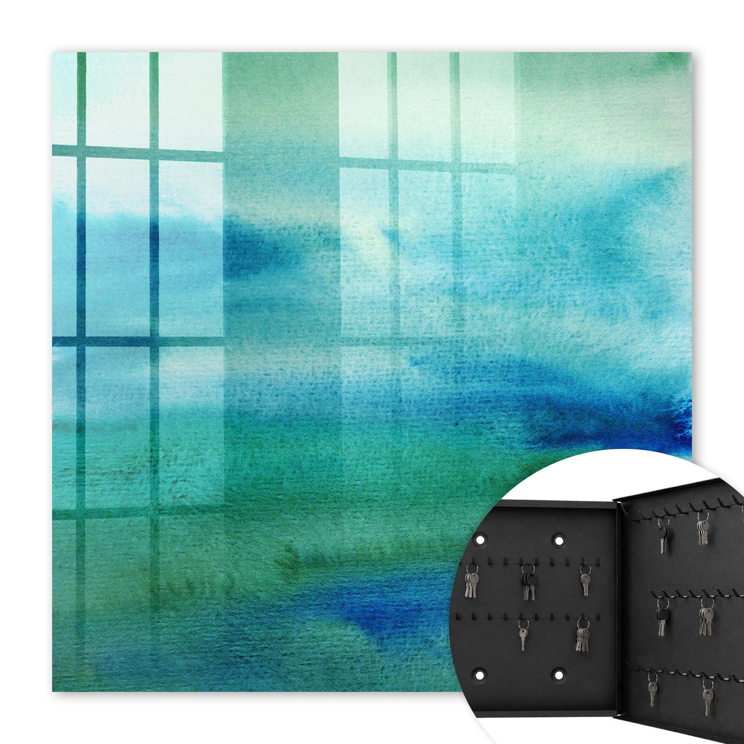 SCHLÜSSELBOX Schwarz 30x30 cm- Türöffnung nach rechts - Aquarellblau - Blau, Metall (30/30/5cm) - TULUP