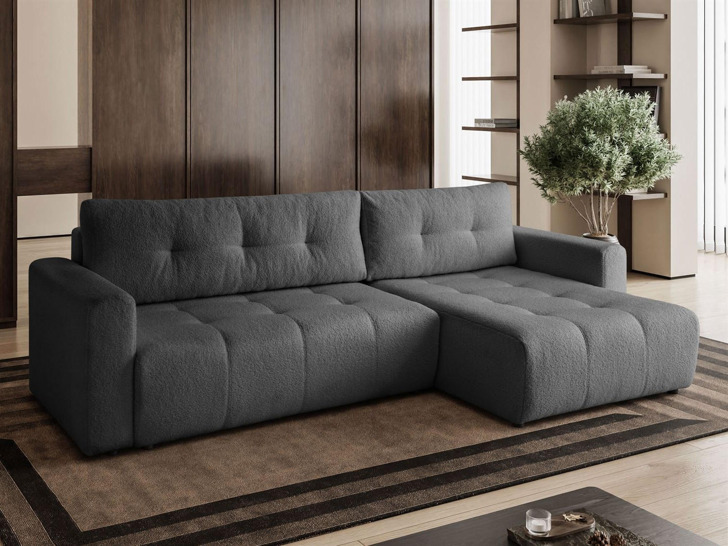 ECKSOFA VIENNA Stil Bettkasten und Funktionalität Bouclé Graphit Rechts - Graphitfarben, Holz (261/143cm) - Kaiser Möbel