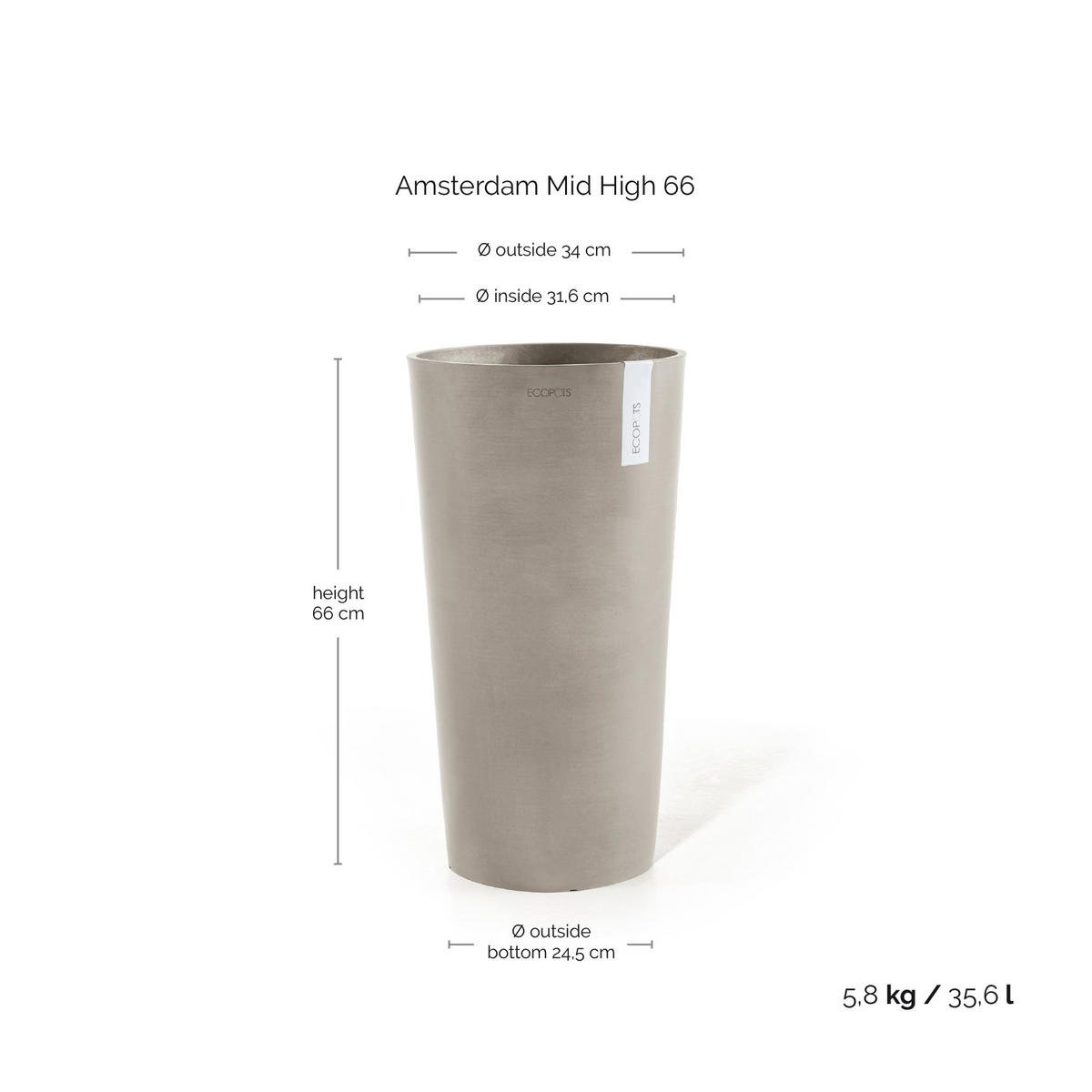 BLUMENTOPF Amsterdam Mid High 34/66 cm Taupe - Taupe, Kunststoff (34/66cm) - Ecopots
