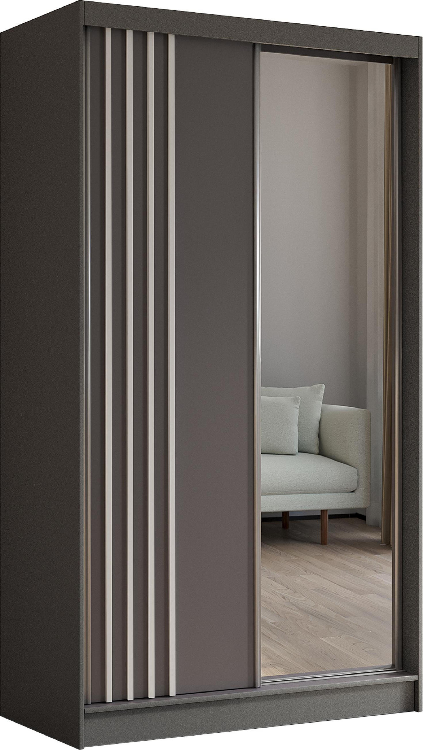 SCHWEBETÜRENSCHRANK Neli 120 cm mit Lamellen und Spiegel 2-türig, grau, grau, Lamelle weiß - Weiß/Grau, Kunststoff (120/216/61cm) - Margaret Hadas24
