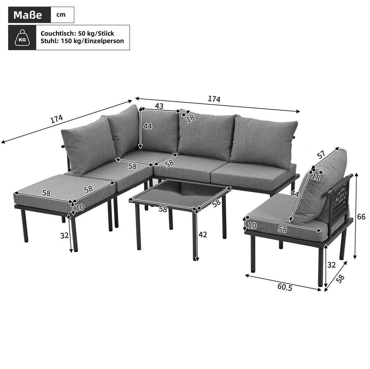 GARTEN-LOUNGE-SET 6-teilig mit verstellbaren Füßen, abnehmbaren Bezügen und Glastischplatte, Grau - Grau, Metall - Redom