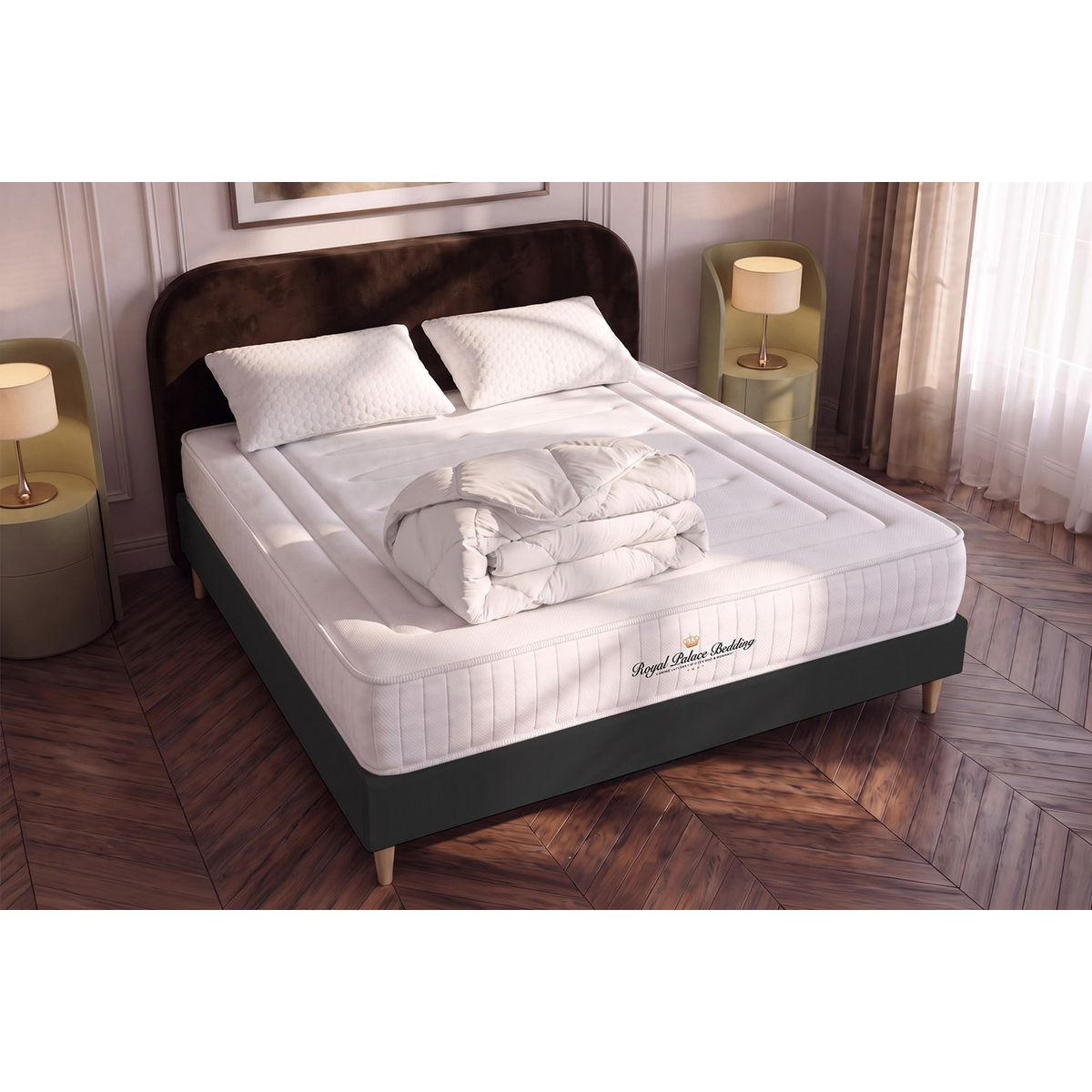 BETT Nottingham Memory-Schaum 160 x 200 cm h3 - Kit Bettgestell Schwarz - Mit Kissen und Bettdecke - Beige/Schwarz, Karton/Holz (160/200cm) - ROYAL PALACE BEDDING