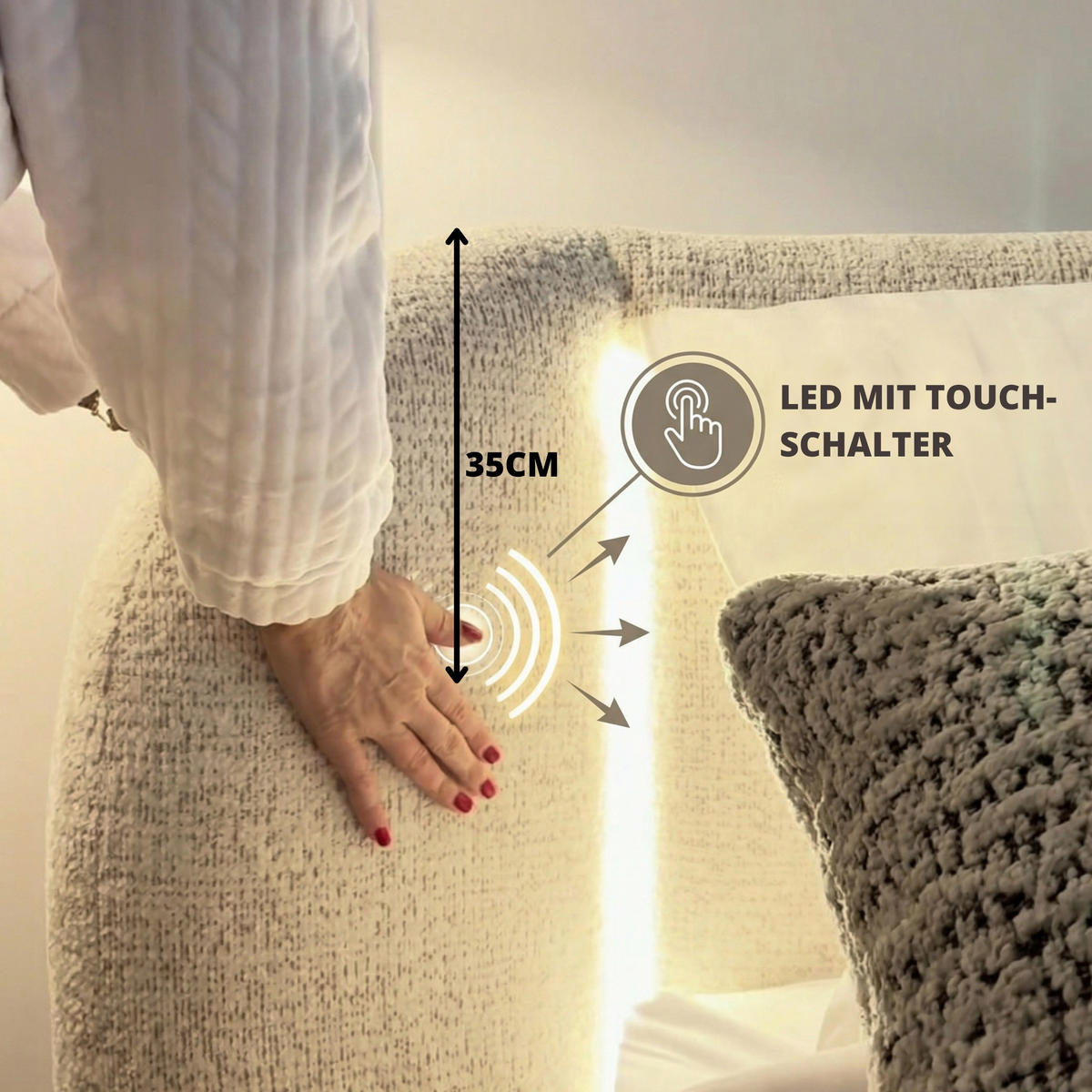 POLSTERBETT Corfu mit LED-Beleuchtung, mit Bettkasten, rundliche Formen, 180x200, Hellgrau - Hellgrau, Textil/Metall (180/200cm) - Beautysofa