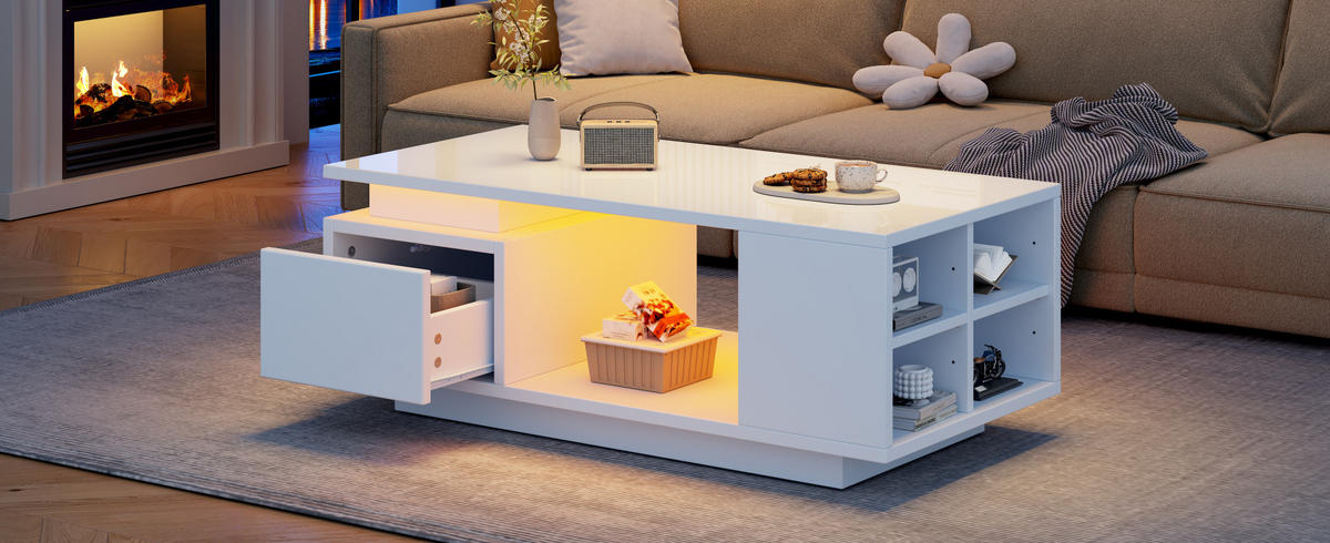COUCHTISCH 100/50/36 cm weiß aus Spanplatte mit Schublade und LED - Weiß, Holzwerkstoff (100/50/36cm) - OKMYHOME
