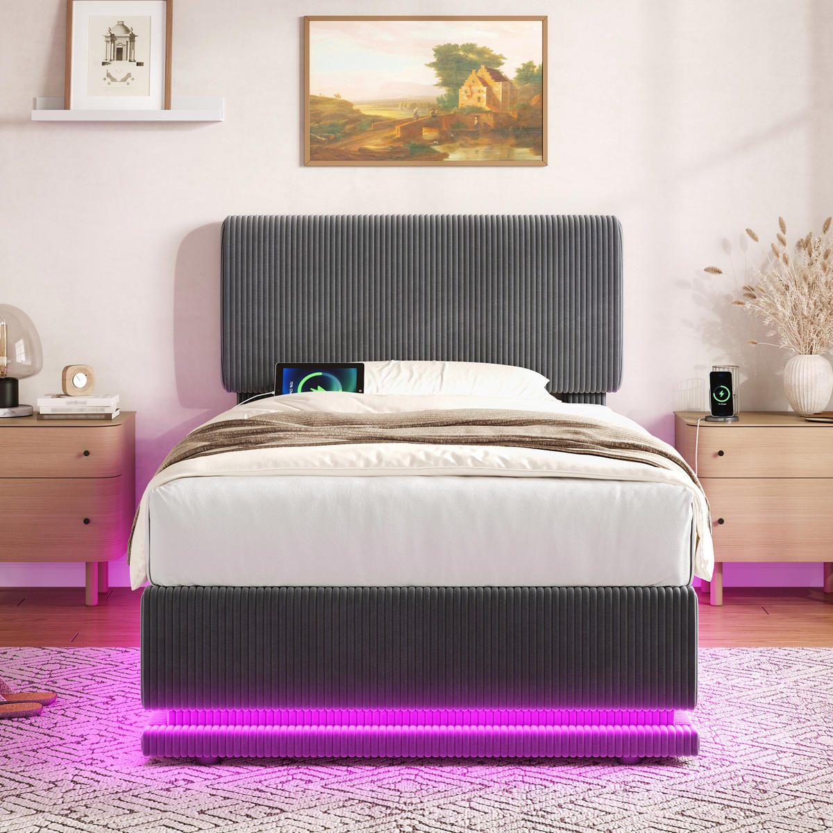 POLSTERBETT 90/200 cm mit LED-Beleuchtung, USB-C-Anschluss und Bettkasten, Dunkelgrau - Dunkelgrau, Textil (90/200cm) - Redom