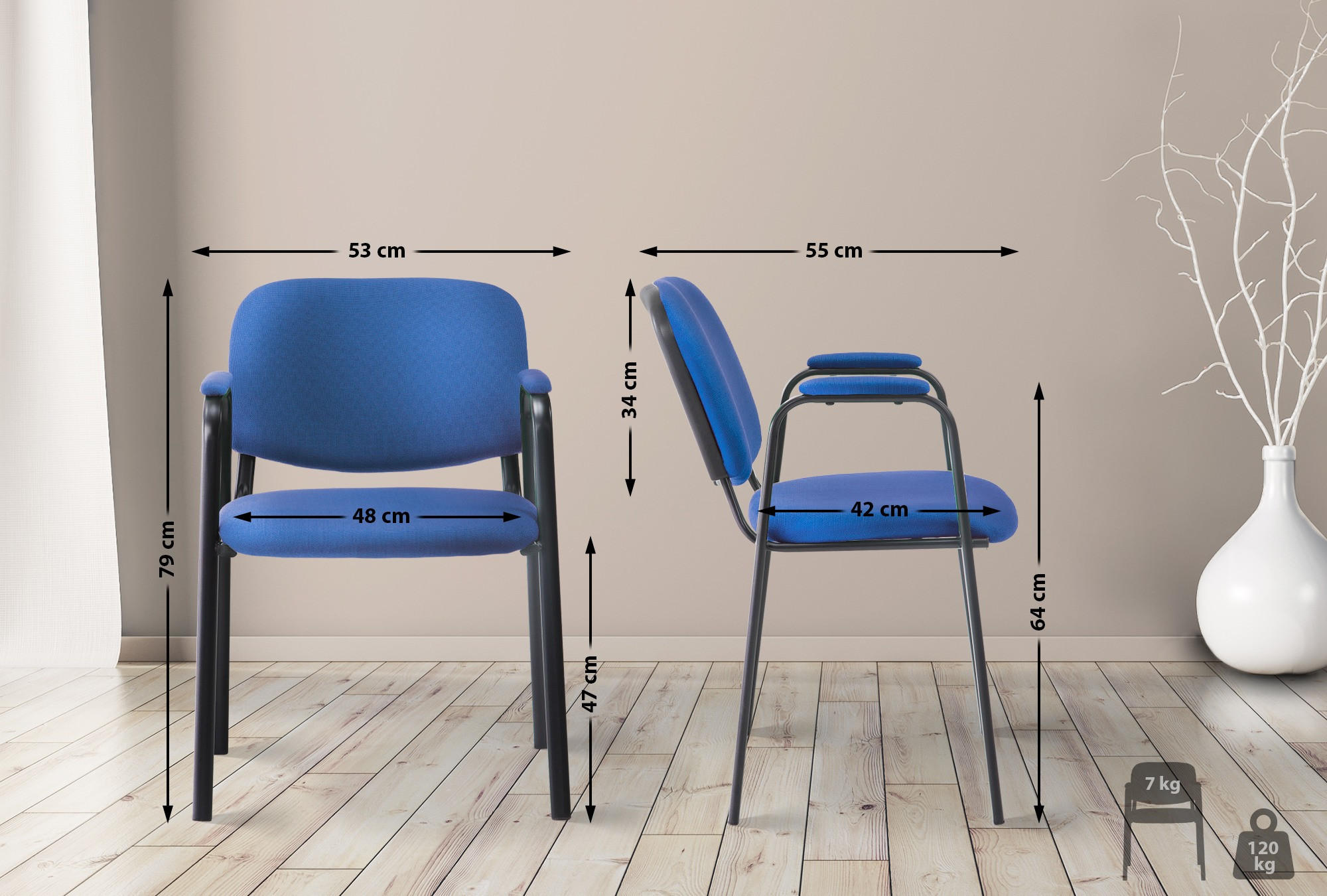 BESUCHERSTUHL Stoff blau - Blau/Schwarz, Textil/Metall (53/79/55cm) - CLP