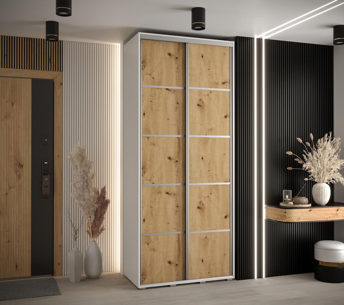 SCHWEBETÜRENSCHRANK 235,2/120/60 2-türig - Silberfarben/Eiche Artisan, Holz/Metall (120/235/60cm) - Abiks Möbel