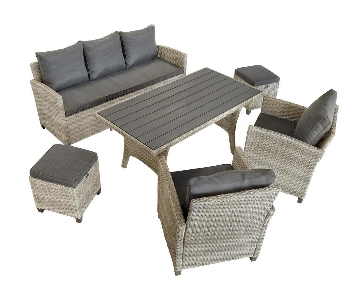 GARTEN-ESSGRUPPE Madeira II Grau Polyrattan für 7 Personen - Braun, Kunststoff - Green Spirit