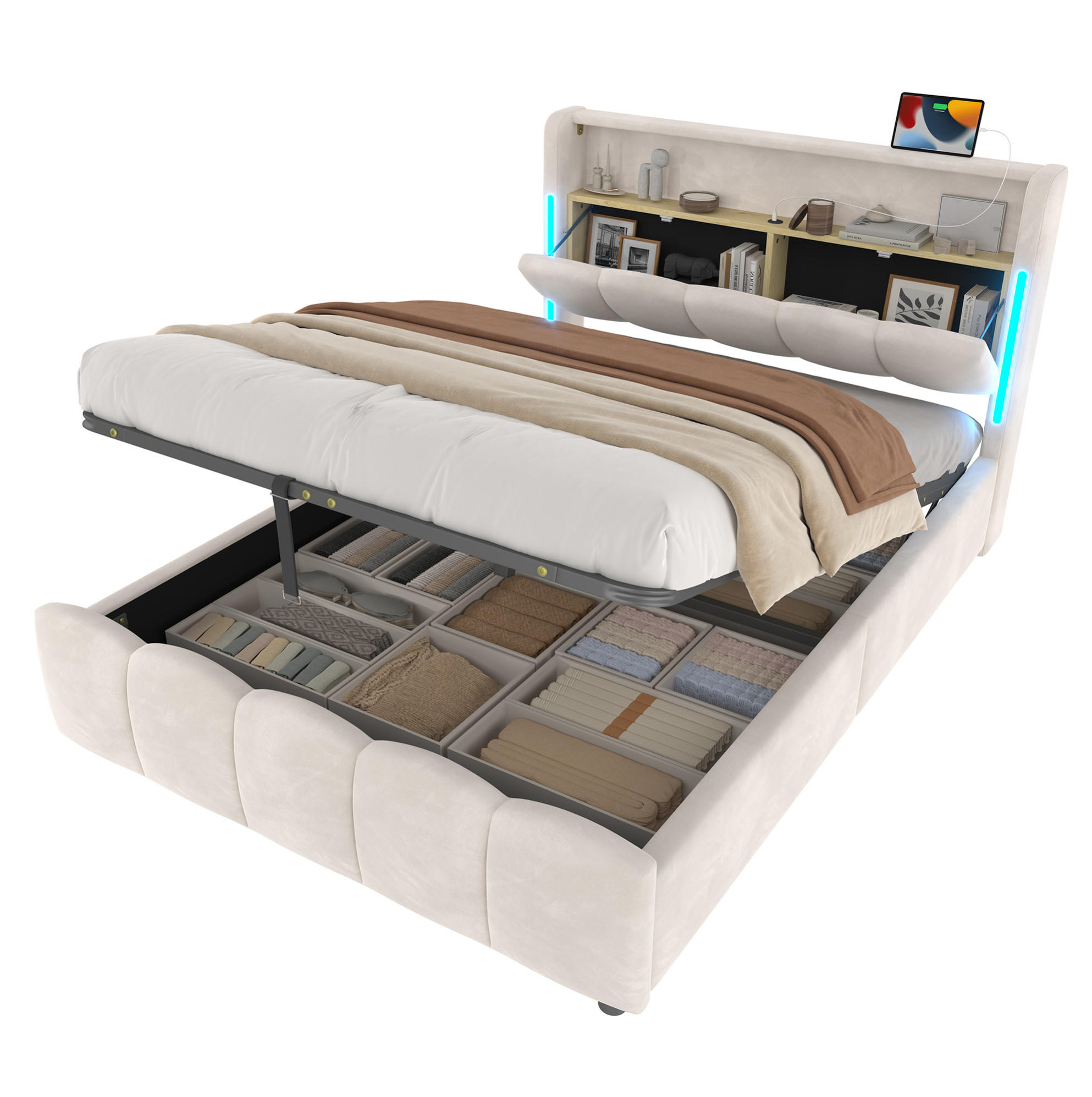 POLSTERBETT 140/200 cm mit LED-Beleuchtung, Kopfteil-Staufach, hydraulischem Bettkasten, USB und Typ-C, Samt, Beige - Beige, Textil (140/200cm) - Redom