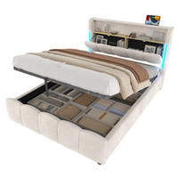 POLSTERBETT 140/200 cm mit LED-Beleuchtung, Kopfteil-Staufach, hydraulischem Bettkasten, USB und Typ-C, Samt, Beige - Beige, Textil (140/200cm) - Redom