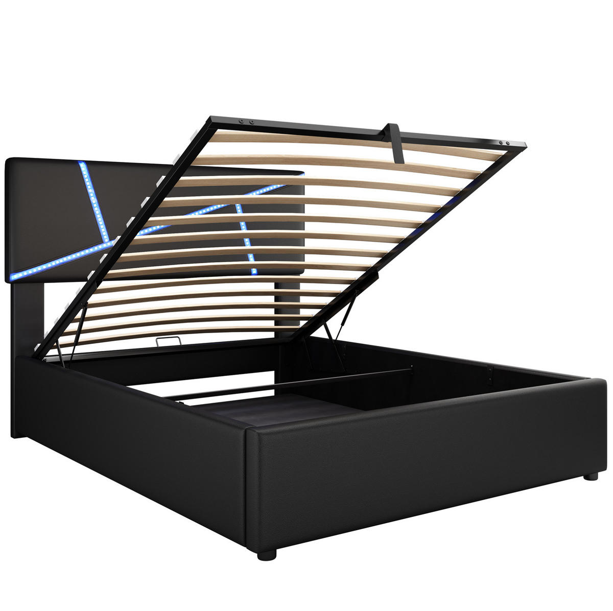 TAPECIRANI krevet 90/200 cm crni od PU-a s LED rasvjetom i spremištem - crna, plastika (90/200cm) - OKWISH