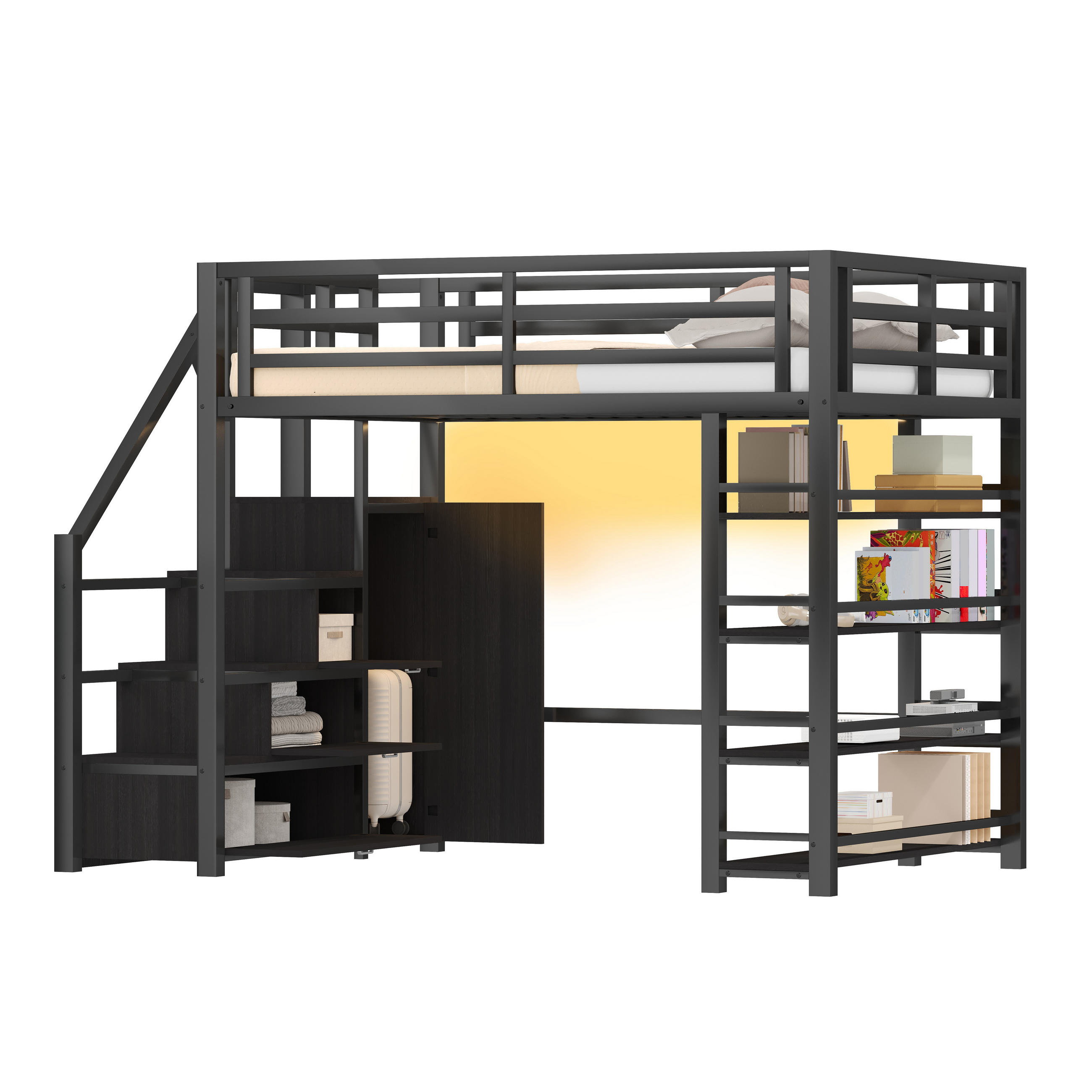 HOCHBETT 140/200 cm in Schwarz mit Regal, Kleiderschrank, Stauraumtreppe und LED - Schwarz, Holzwerkstoff/Metall (140/200cm) - STILVORA