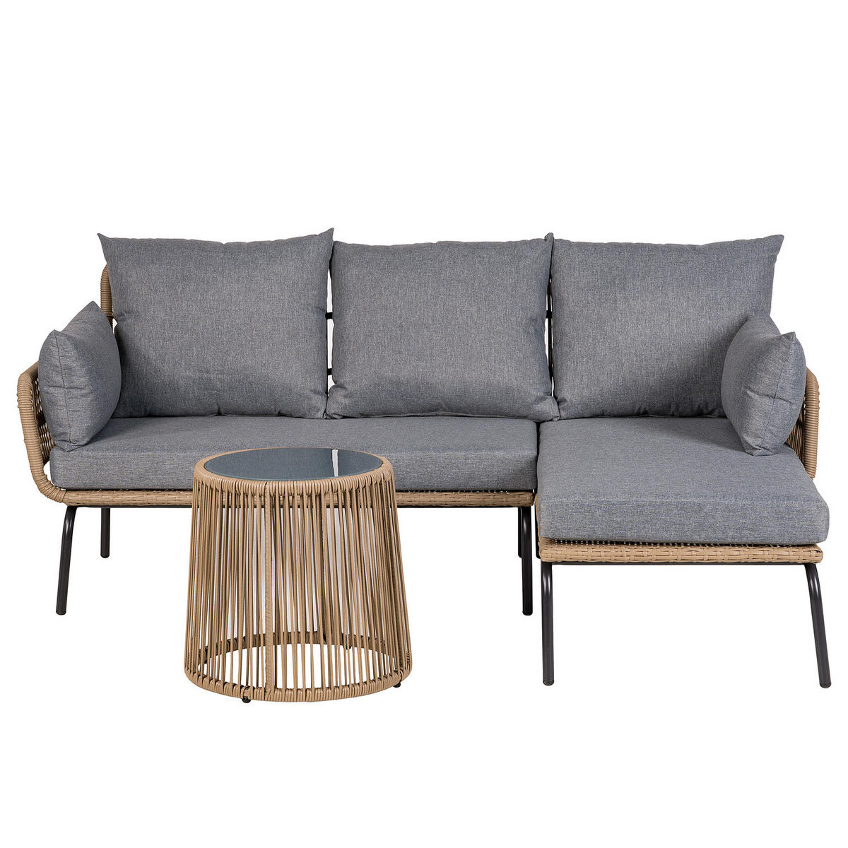LOUNGESET - Polyrattan / Polyester - Beige / Grau - 3-teilig - Schwarz/Grau, Glas/Kunststoff - home24