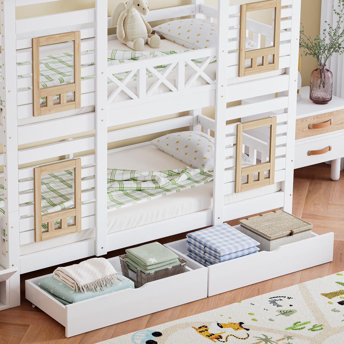 POSCHODOVÁ posteľ 254/95/230 cm biela/prírodná z masívu a MDF s oknami, úložnými schodmi a 2 zásuvkami - biela, drevo (90/200cm) - OKWISH