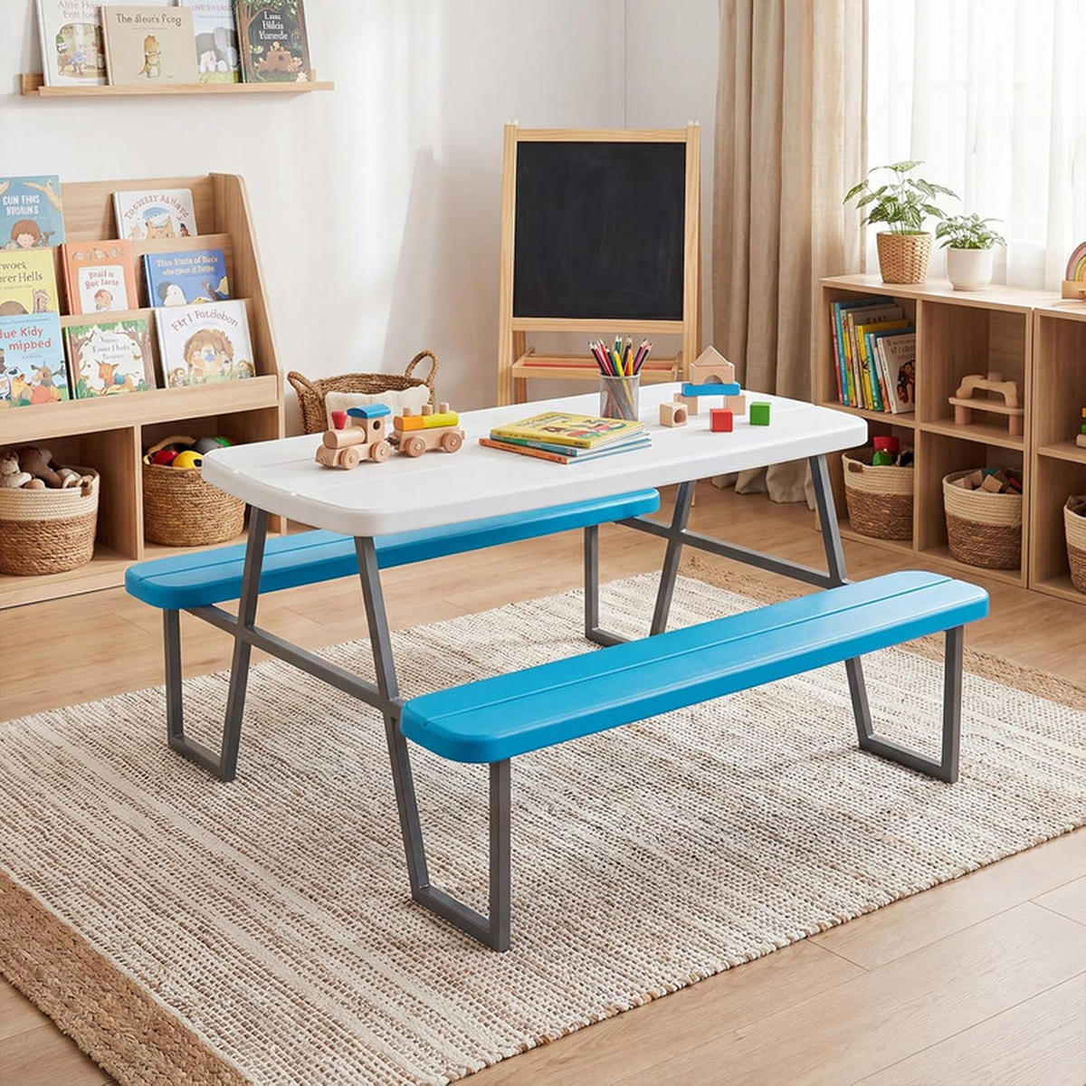 KINDERSITZGARNITUR mit Sonnenschirm blau - Blau, Kunststoff - COSTWAY