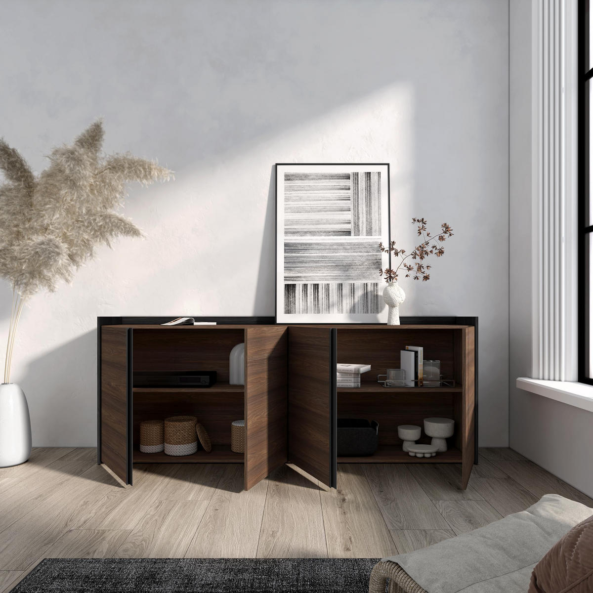 SIDEBOARD, Dunkler Eiche und Schwarz, 207/35/80cm - Dunkelbraun, Holzwerkstoff (207/80/35cm) - Skraut Home