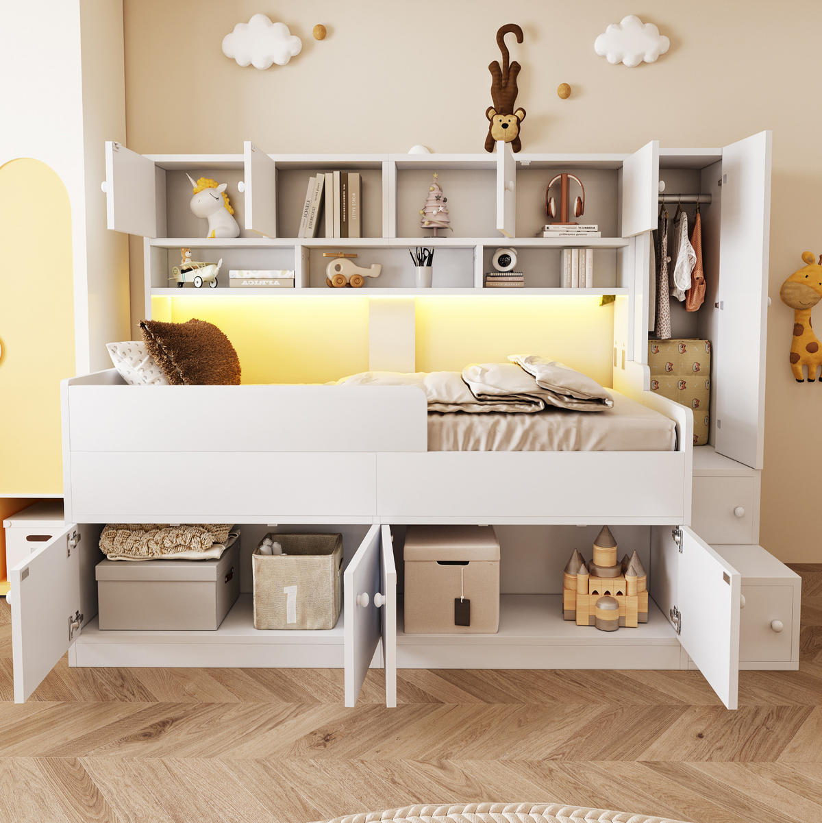 HOCHBETT 90/200 cm mit Stauraum, Kleiderschrank, LED-Beleuchtung und Sicherheitsgeländer, Weiß - Weiß, Holzwerkstoff (90/200cm) - Redom