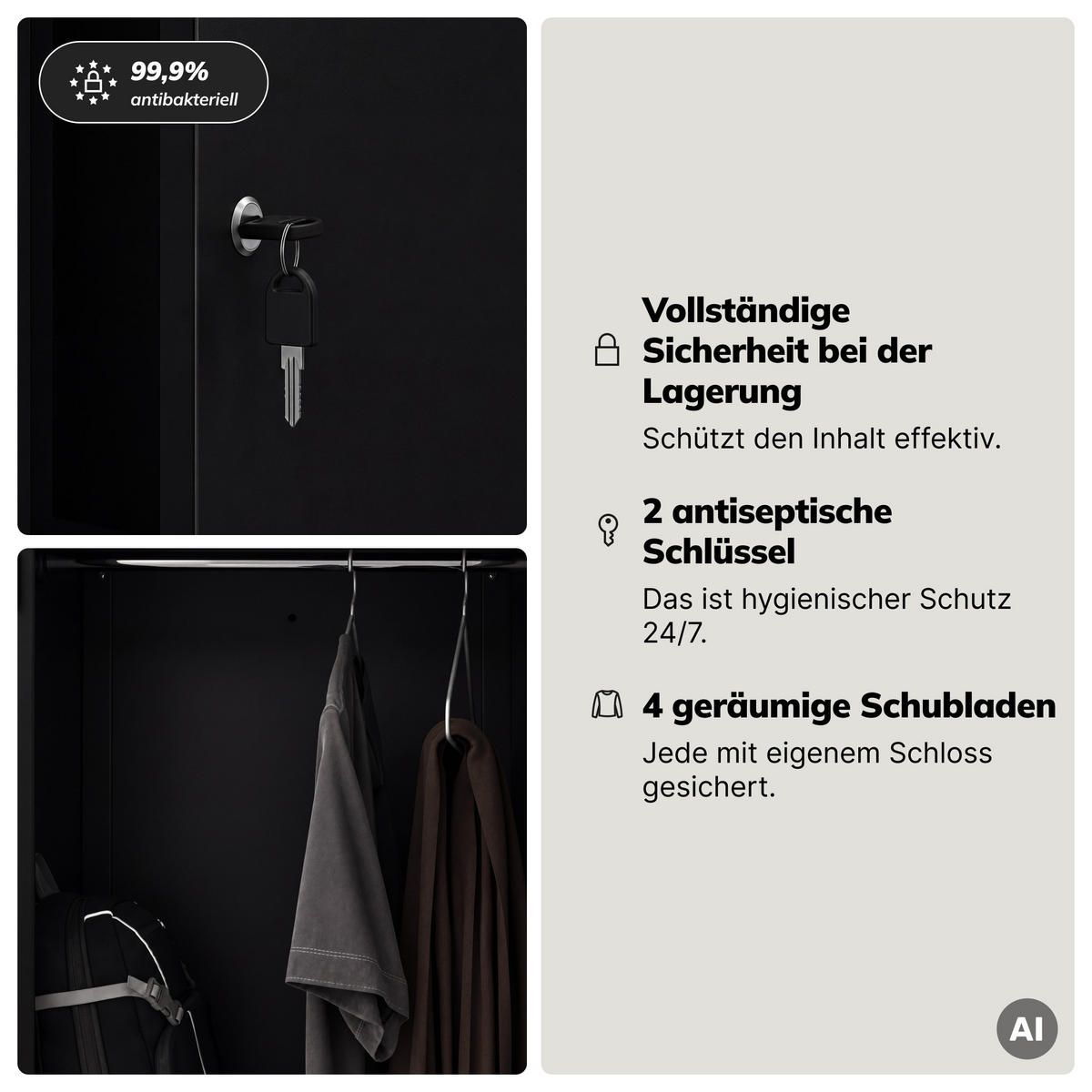 KLEIDERSCHRANK L-Form JULIA 185x80x45 cm - Schwarz, Metall (80/185/45cm) - Jan Nowak