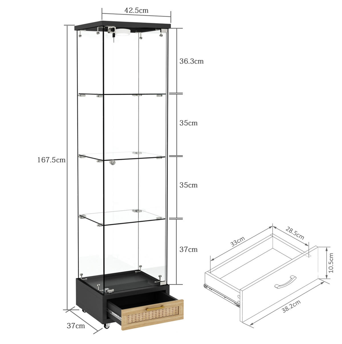 VITRINE 42,5/36,5/167 cm in Schwarz mit LED-Beleuchtung und Rollen - Schwarz, Holzwerkstoff (42.5/167/36.5cm) - Flora Grace