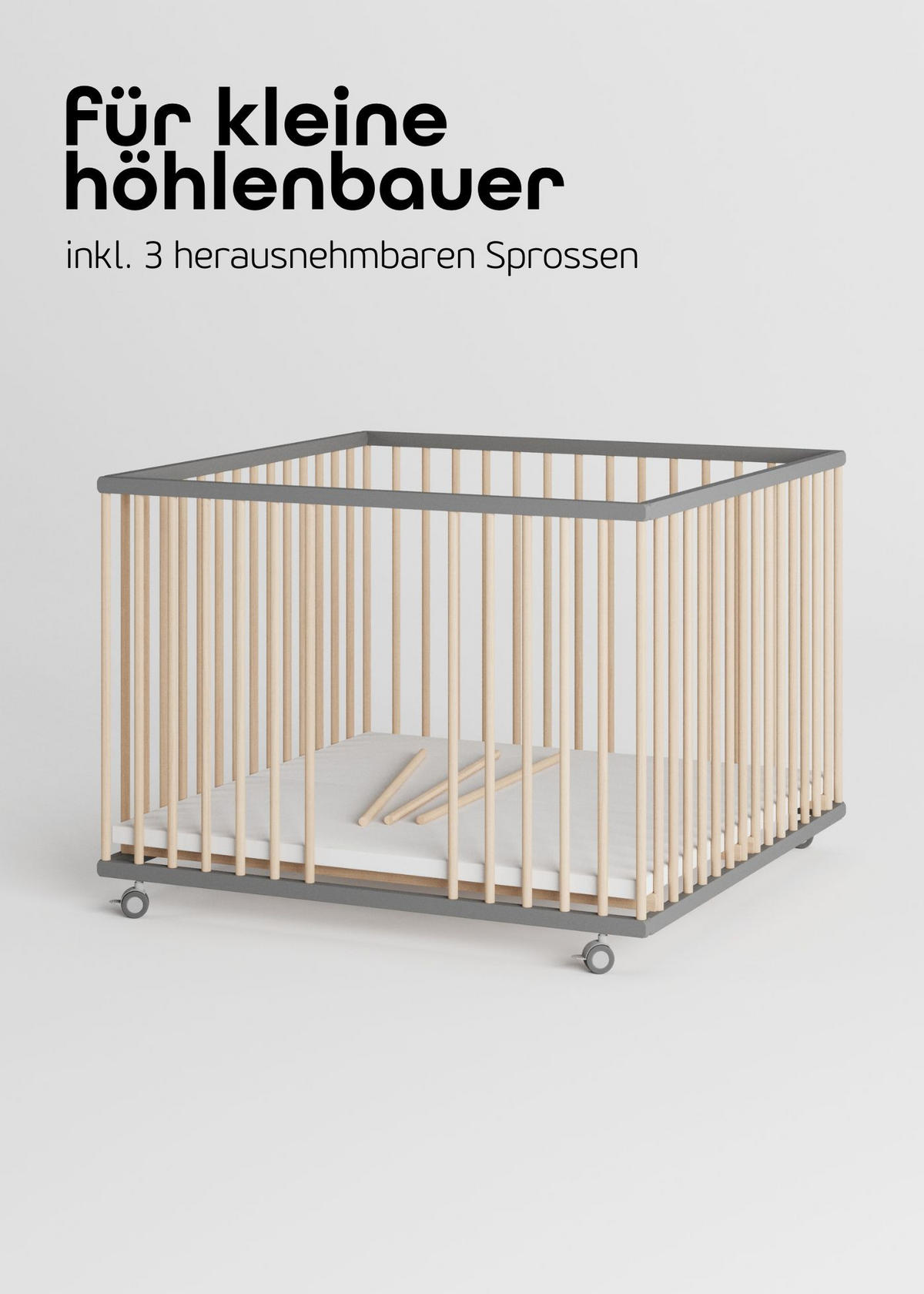 LAUFGITTER 100x100 cm mit Matratze Cloud Air, Schlupfsprossen & Lattenrost - grau/natur - Premium Kollektion - Naturfarben/Grau, Holz (100/74/100cm) - Sämann – make a difference.