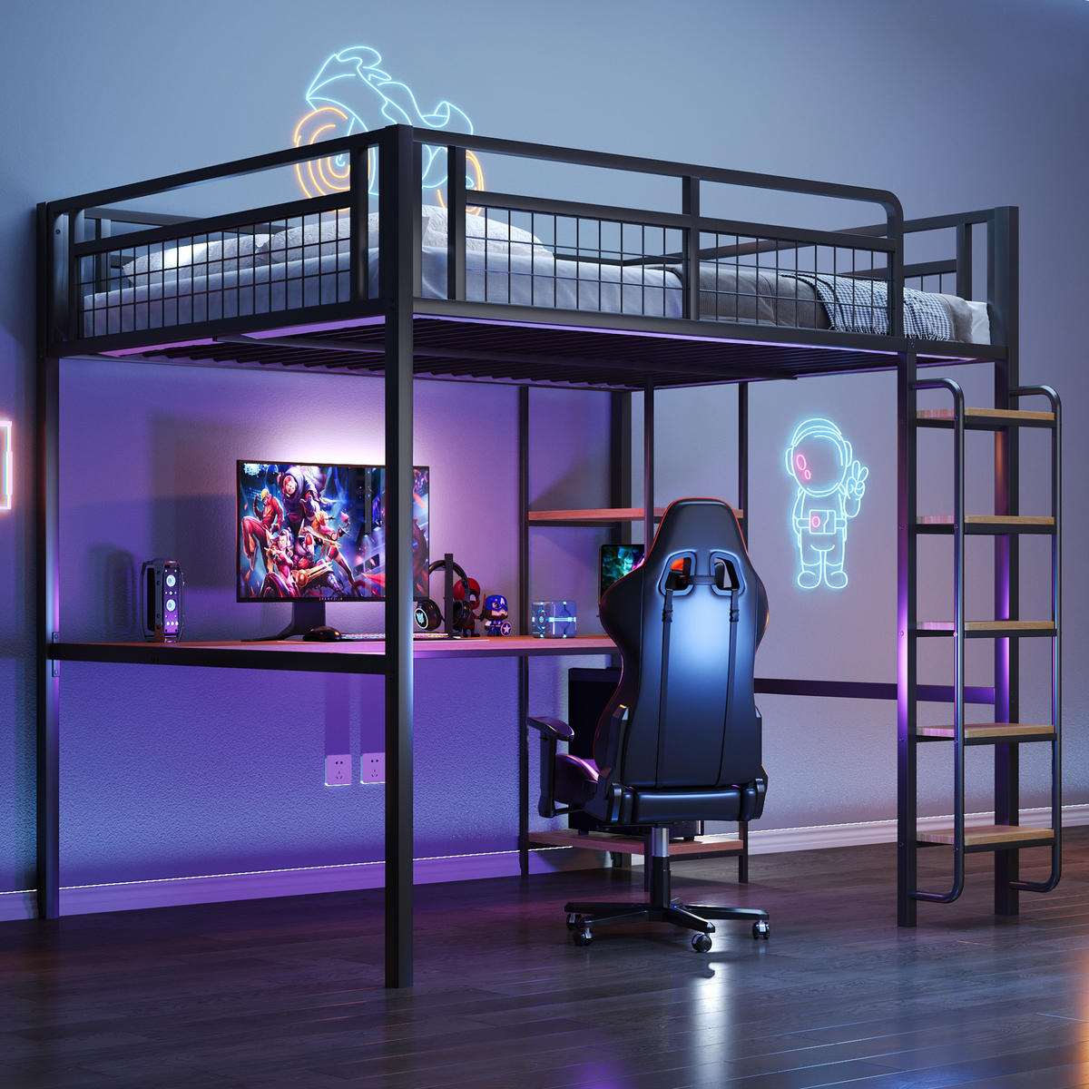 HOCHBETT 140/200 cm schwarz aus Metall mit Tisch und Regal - Schwarz, Metall (140/200cm) - OKWISH